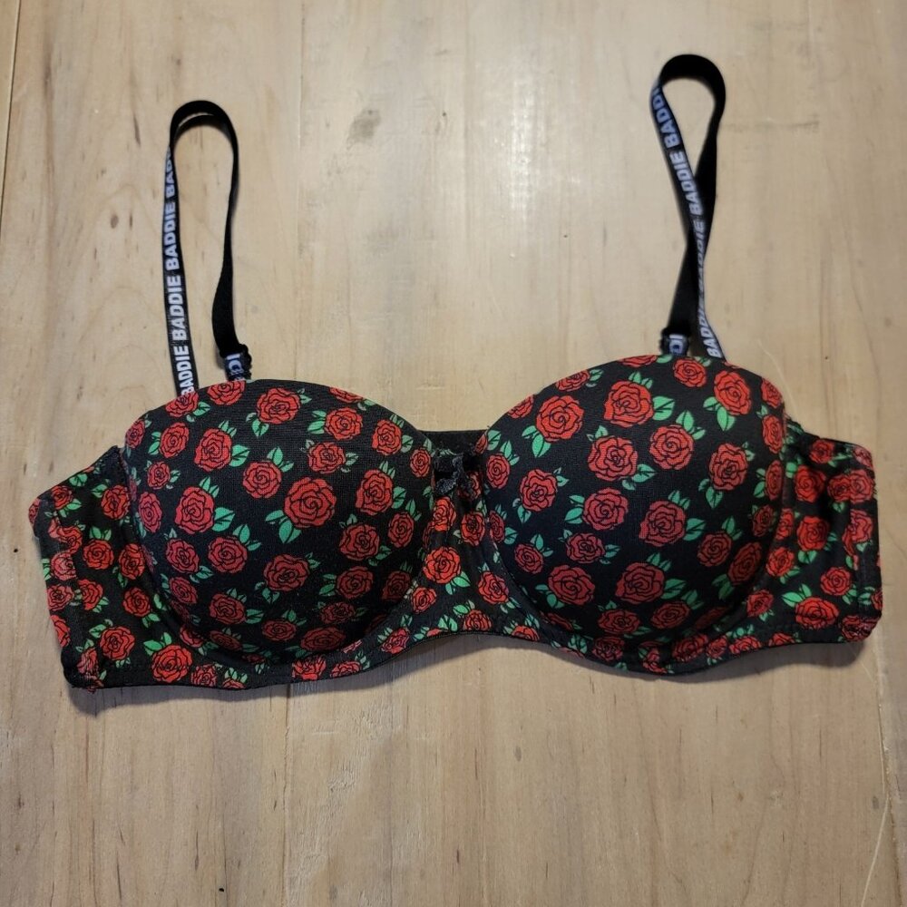 Always A Flirt Push‎ Up Underwire Bra Black Red Roses 36B BADDIE